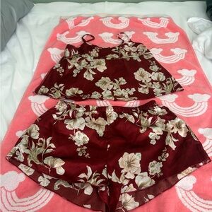 SHEIN Burgundy and Cream Floral Two-Piece Set